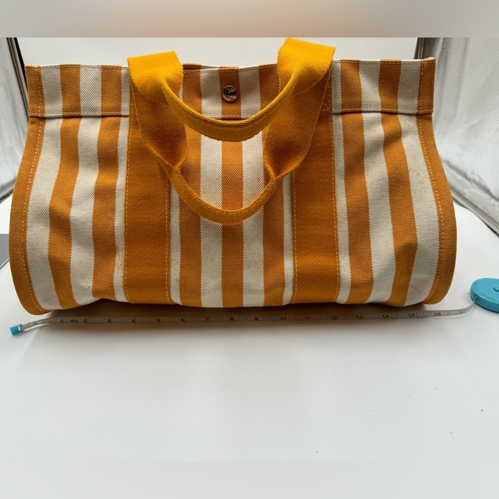 Hermes-Authentic- Yellow  / White Stripe Cannes Tote Bag  with Pouch - Picture 9 of 14